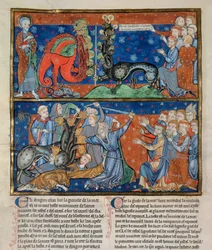 Ms R.16.2 f.14b A hétfejű fenevad megölése, a Szentháromság apokalipszisből, angol-normann, 1250 körül (pergamen).