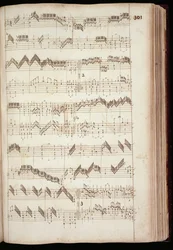 Mu Ms 168, 301. o.: oldal a Fitzwilliam Virginalból, valamint a 16. és a 17. század eleji billentyűs zenék antológiája (tintával papíron)