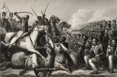 A lázadó lovasság egy gyalogsági teret támadott meg a cawnpore-i csatában 1857-ben, az 1858-ban megjelent „The History of the Indian Mutiny” c.