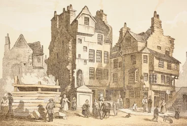 Netherbow House, Edinburgh, ahogy 1843-ban, John Howie „The Scots Worthies” című művéből, 1879-ben megjelent második kiadás