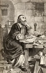Nicholas Ridley leveleket ír a börtönben, miközben a kivégzésére vár, 1865 körül (fametszet)