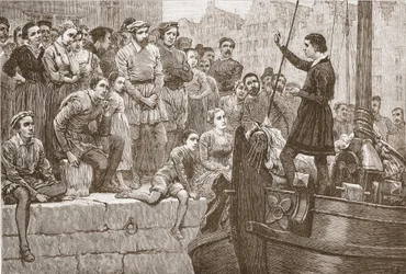 Nicholas prédikál a tömegnek egy csónakból a Scheldten, illusztrációja James Aitken Wylie (1808-1890) A protestantizmus története című könyvéből, kocsma. 1878