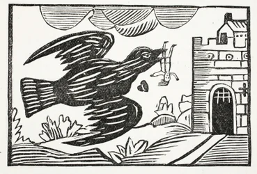 Most egy nagy erejű holló hordozta az Away szegény Tomot, illusztrációja a Chap-books of the Eighteenth Century, John Ashton, kocsma. 1882