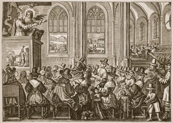 Oliver Cromwell prédikál egy puritán gyülekezetnek, illusztráció a The Church of England: A History for the People-ből, H.D.M. Spence-Jones, kocsma. 1910 körül (szépia fotó)
