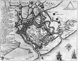 Ostende, a "Commentaries, Being Diverse pieces of service, wherein he was command" (Kommentárok, sokféle szolgálat, ahol ő volt a parancsnokság) című könyvéből, Vere Ferenc (1560-1609), pub. William Dillingham, 1657 (metszet)