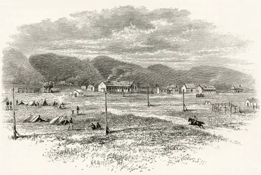 Peake Overland távíróállomás, Dél-Ausztrália, 1880 körül, Howard Willoughby „Australian Pictures” című művéből, a Religious Tract Society, London, 1886