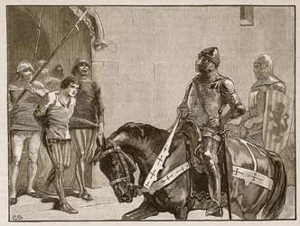Piers Gaveston Warwick grófja előtt, illusztráció a Cassells Illustrated History of Englandből (szépia fotó)