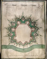 A kalkuttai fellegvár és Fort William, a Kelet-indiai Társaság erődített raktárának terve, 1750 körül (toll, tinta és akvarell papíron)