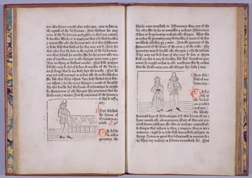 C5v-C6r tábla, William Caxton 1481-es „A világ mirrorájának” című könyvének kezdetekor (fametszet és magasnyomás)