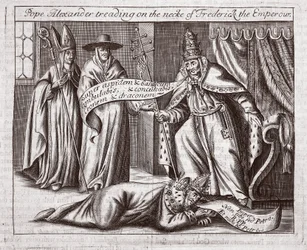 Frigyes császár nyakát taposó Sándor pápa, illusztráció a Cselekedetek és emlékművekből, John Foxe, kilencedik kiadás, kocsma. 1684