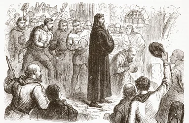 Népszerű tüntetés a Lambeth-palotában Wicliffe mellett, illusztráció: James Aitken Wylie (1808-1890) A protestantizmus története című könyvéből, pub. 1878