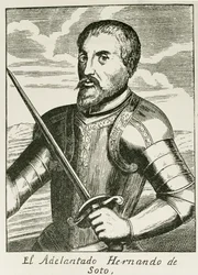 Hernando de Soto (1496-1542 körül) portréja a Justin Winsor által szerkesztett "The Narrative and Critical History of America" című könyvből, London, 1886.