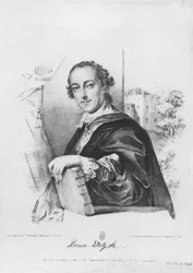 Horace Walpole (1717-97) Orford grófjának portréja, metszet: G. Madeley, 1754 (metszet) (bw fotó)