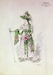 Sarah Bernhardt (1844-1923) portréja Victorien Sardou (1831-1908) „La Tosca” című előadásában a Líceumban, 1888. július 9. (színes metszet)
