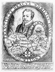 Sir Francis Drake (kb. 1540-96) portréja 43 évesen, Jodocus Hondius (1567-1611) metszetében