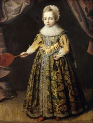 Egy 3 éves fiú portréja, teljes alakban állva, arannyal hímzett zöld ruhában, csipkefőkötőben és fodros gallérban, ütőt és tollaslabdát tartva, 1605