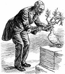 Wilson elnök átnyújtja a békegalambnak a „Népszövetség” feliratú olajágat, a „Punch” című lapból, London, 1919. 03. 26.