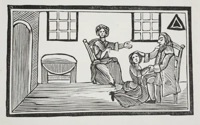 Csinos Bessie apja áldását kapja, amikor saját megélhetését keresi. Illusztráció a Chap-books of the Eighteenth Century-ből, John Ashton, kocsma. 1882