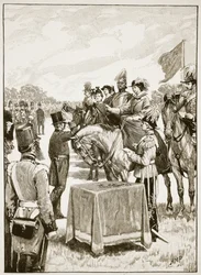 Viktória királynő a Victoria Cross első bemutatóján, illusztráció a Cassells Illustrated History of Englandből (szépia fotó)