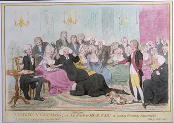 Kérdések és parancsok, avagy The Mistaken Road to H-r-f-rd: a Sunday Evenings Amusement, Hannah Humphrey 1788-ban (kézzel színezett rézkarc)