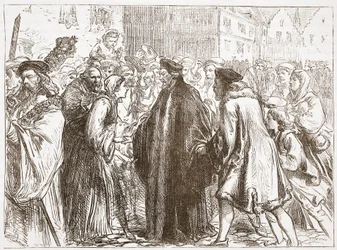 John Huss fogadása Nürnbergben, illusztráció: James Aitken Wylie (1808-1890) A protestantizmus története című könyvéből, pub. 1878