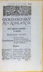 Res 28610 Giordano Bruno De lInfinito Universo et Mondi első oldala, Londonban, 1584 (nyomtatott papír)