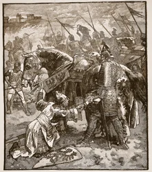 Robert bocsánatot kér apjától, illusztráció a Cassells Illustrated History of England-ből (szépia fotó)
