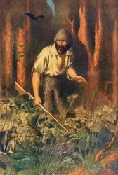 Robinson Crusoe egyedül a szigeten, illusztráció Daniel Defoe „Robinson Crusoe” című művéből, megjelent 1911 körül (színes litó)