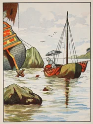 Robinson Crusoe megment egy kutyát egy spanyol hajótörésből, illusztráció a The Story of Robinson Crusoe-ból: Adaptáció gyerekeknek Defoes nyelvét követve, pub. írta Griffith Farran Browne & Co. Limi