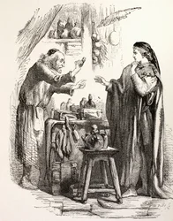 Rómeó mérget vásárol a patikustól, illusztrációt a Rómeó és Júliától, a „The Illustrated Library Shakespeare”-ből, 1890-ben Londonban (litho)