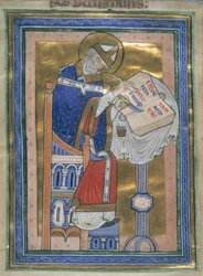Royal 10 A. XIII, f.2v Dunstan írja a bencés szabályt, illusztráció a "Kommentár a Szent Benedek uralmához", 1170 körül (tinta, szín és arany papíron)