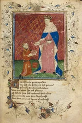 Royal 17 D. VI, f.40 Bemutató jelenet Thomas Hoccleve-vel, amikor felajánlja könyvét V. Henriknek (vellum)