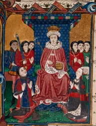 Royal 18 D. II. 6., IV. Edward király udvaroncokkal körülvéve, Sir William Herbert és felesége, Anne Devereux címerrel díszített ruhában térdel előtte (1. könyv)