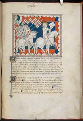 Royal 19 B.XV, f.37 A lovas fehér lovon és követői; János fent, a bal oldalon, a „The Queen Mary Apocalypse”-ből (tinta, szín és arany pergamen)