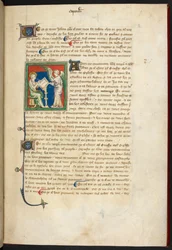 Királyi 19 B.XV, f.3 János ül, írás; egy angyal áll az íróasztala mögött, a „The Queen Mary Apocalypse” angol iskolából (14. század)