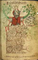 Royal 20 A. II f.8 I. Richárd király karddal, a trónján, illusztráció az „Anglia krónikájából”, Peter de Langtoft (vellum)