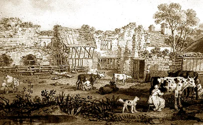 Romos udvarház fejőstehenekkel, 1800 körül (toll és szepia tinta, papír)