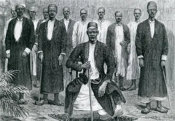 Sekebobo Chagwe főnöke, Mtesa Uganda főnöke, Chambarango és Pokino, a miniszterelnök (metszet)