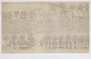 Egy város ostroma egy folyó partján, Ninive 42-es táblája és maradványai, Austen Henry Layard (1817-94) 1849-ben