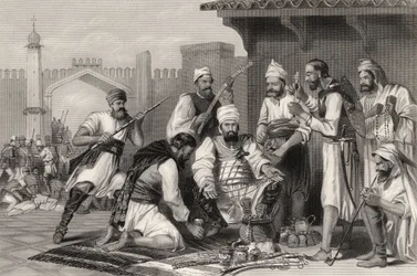 A szikh csapatok felosztják a lázadóktól elvett zsákmányt, az 1858-ban megjelent „Az indiai lázadás története” c.