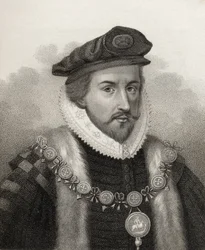 Sir Christopher Hatton, Bocquet metszete, illusztráció a „Királyi és nemes szerzők katalógusának II. kötetéből”, 1806-ban megjelent