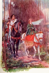 Sir Lancelot and Queen Guinevere. Coloured illustration from the book The Gateway to Tennyson published 1910.