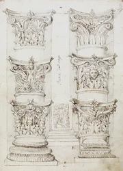 Six Capitals, egy Lesene és Two Column Bases, Folio 1, The Master of the Oxford Album, 1512–1517 körül (toll és sötétbarna tinta)