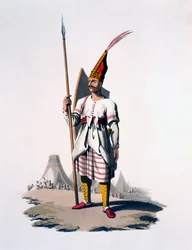 Albán katona, az Oszmán Hadsereg gyalogosa, 1818 (színes akvatinta)