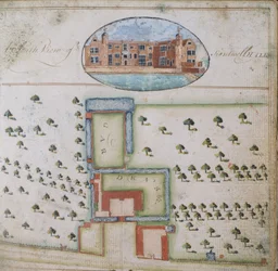 Kentwell Hall déli látképe, Richard Moore, Esq. birtokának felméréséből, Kentwell Hall, Suffolk, 1777