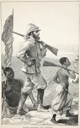 Stanley közeledik a Tanganyika-tóhoz, illusztráció a The Pitorial Edition of the Life and Discoveries of David Livingstone-ból, J. Ewing Richie, pub. A. Fullarton & Co., 1876