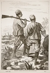 Stanley vezetői a Tanganyika-tóhoz közelednek, illusztráció J. Ewing Richie David Livingstone élete és felfedezései című művének képes kiadásából, kiadta A. Fullarton & Co., 1876