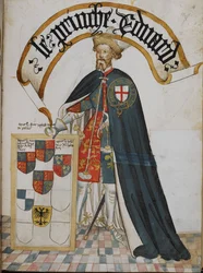 Stowe 594, f.14 Edward walesi herceg [a Fekete Herceg], a Térdszalagrend alapító lovagjának portréja, a „Pictorial Book of Arms of the Order of the Garter” című műből (William Bruge Garter Bookja), kb. 1430-40