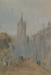 Utca templommal és korábban J.M.W.-nek tulajdonított alakokkal. Turner (1775-1851) és Peter de Wint (1784-1849) nevéhez fűződik, 1822-25 (olaj, papír)