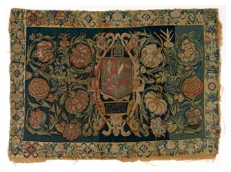 Gobelin hosszú párnahuzat, amely Walter Jones és felesége, Eleanor Pope karját ábrázolja, valószínűleg az angliai Sheldonban készült, 1600 után (gyapjú)
